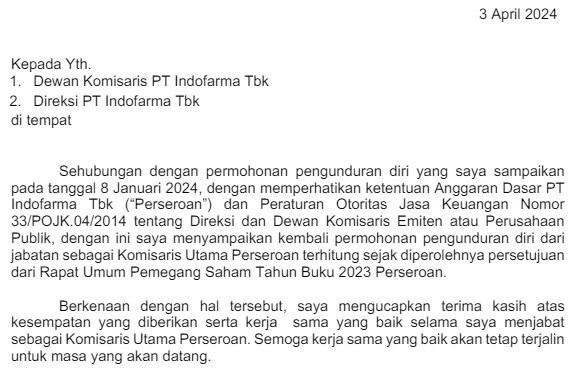 Surat Pengajuan Pengunduran Diri Komisaris Utama INAF