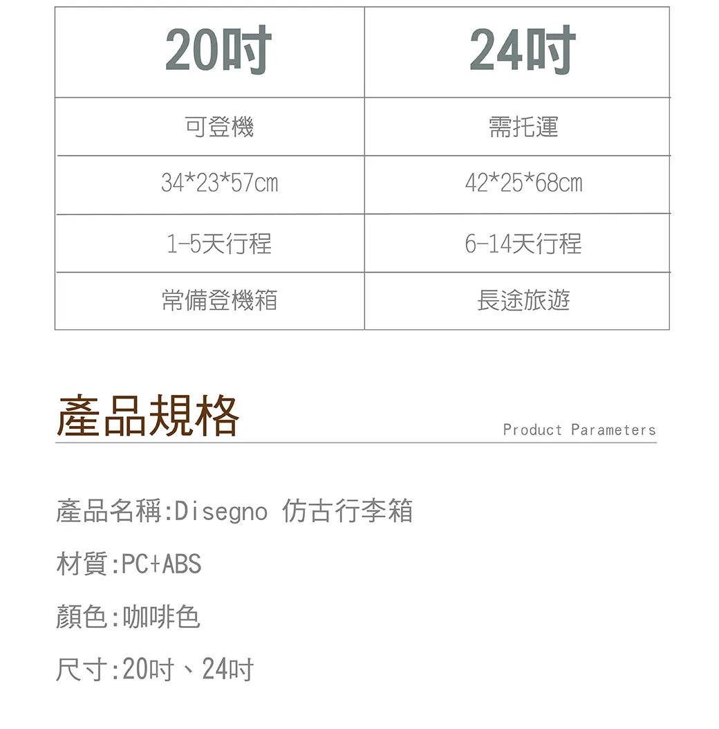 【DISEGNO】2024吋仿古拉鍊旅行行李箱兩件組12