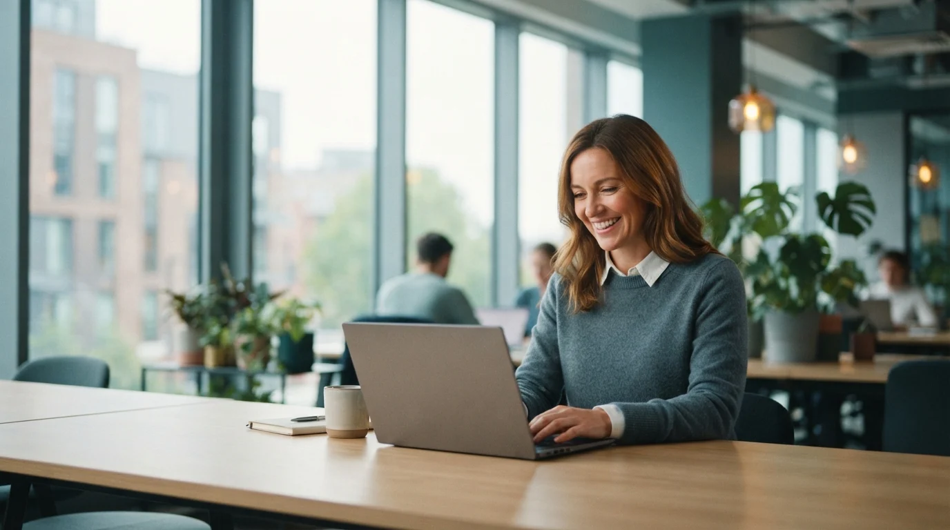 A woman smiles as she works on a laptop in a bright open-plan office.