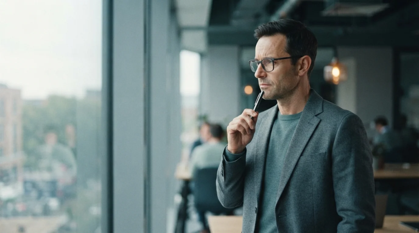 A man in glasses looks thoughtfully to one side, holding a pen.