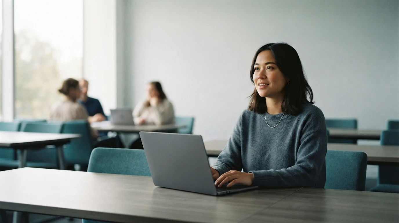 A woman with a laptop listens during a session in a training room.