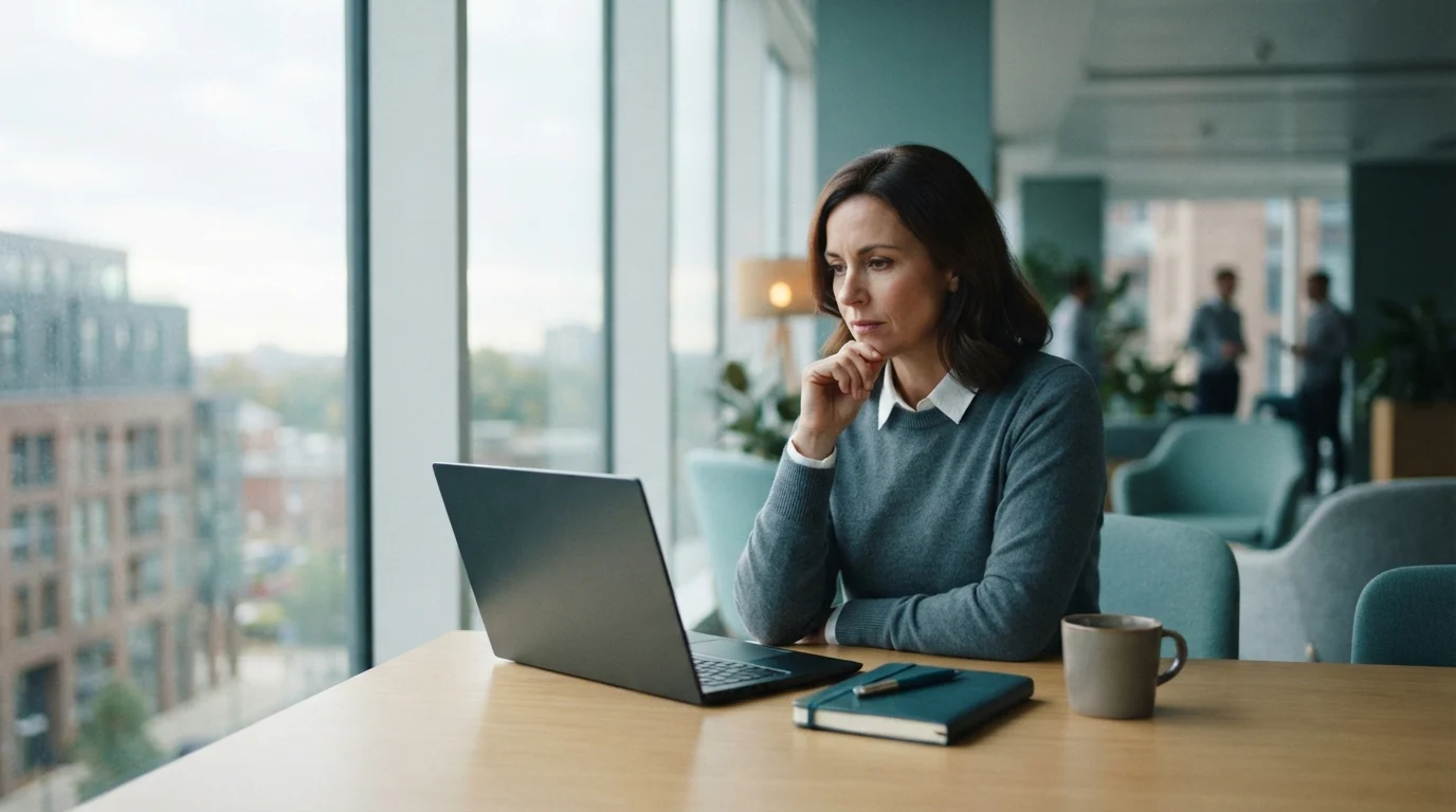A professional reads course notes on a laptop at a desk in a bright office.