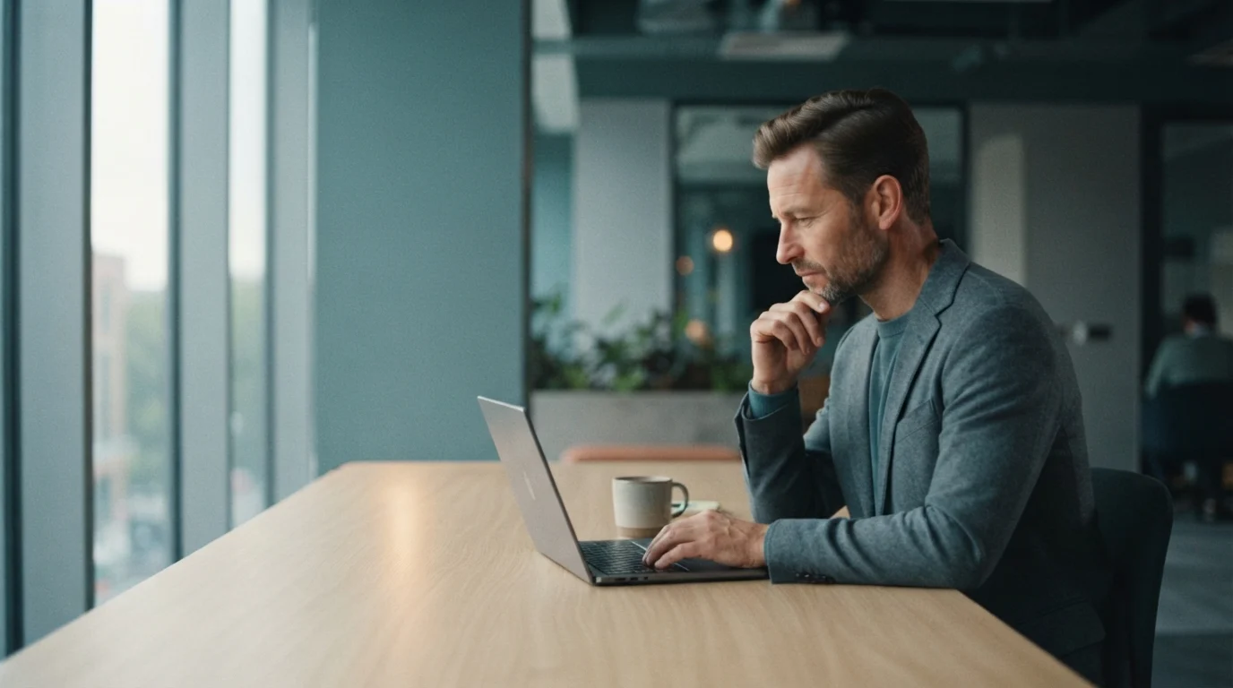 A man reads from his laptop at a desk beside a tall window.