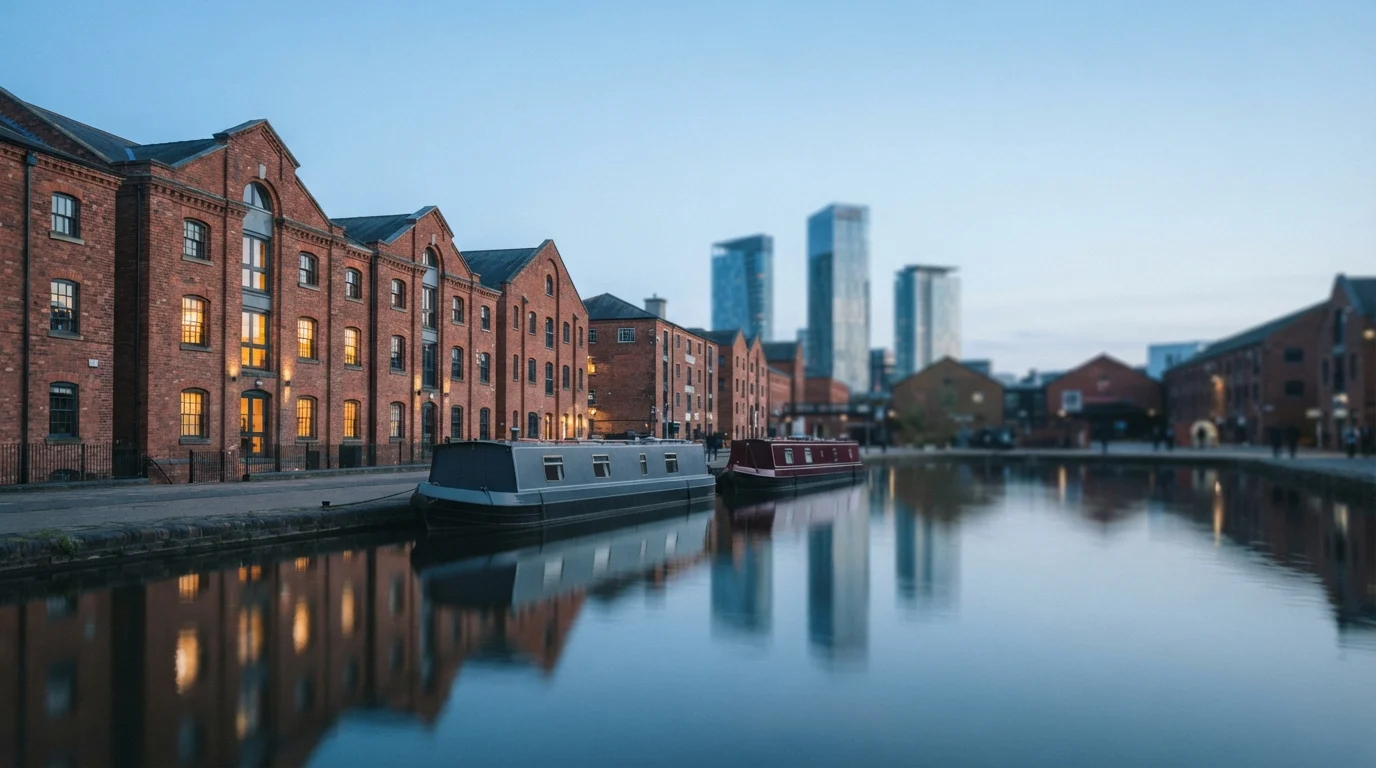 A canal basin at dusk, with brick warehouses and glass towers reflected in the water.