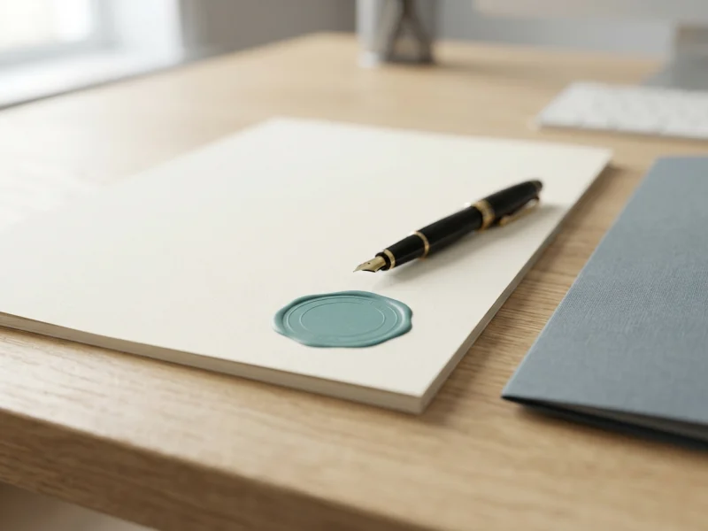 Supplier questionnaires and certificate paperwork laid out on a desk beside a pen.
