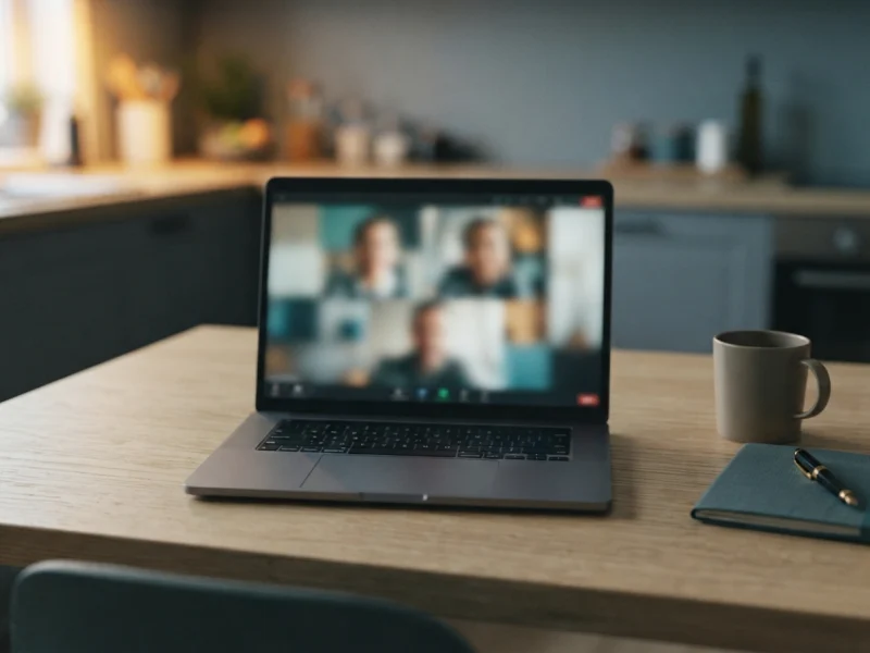 A laptop on a table shows a video call with three panellists.