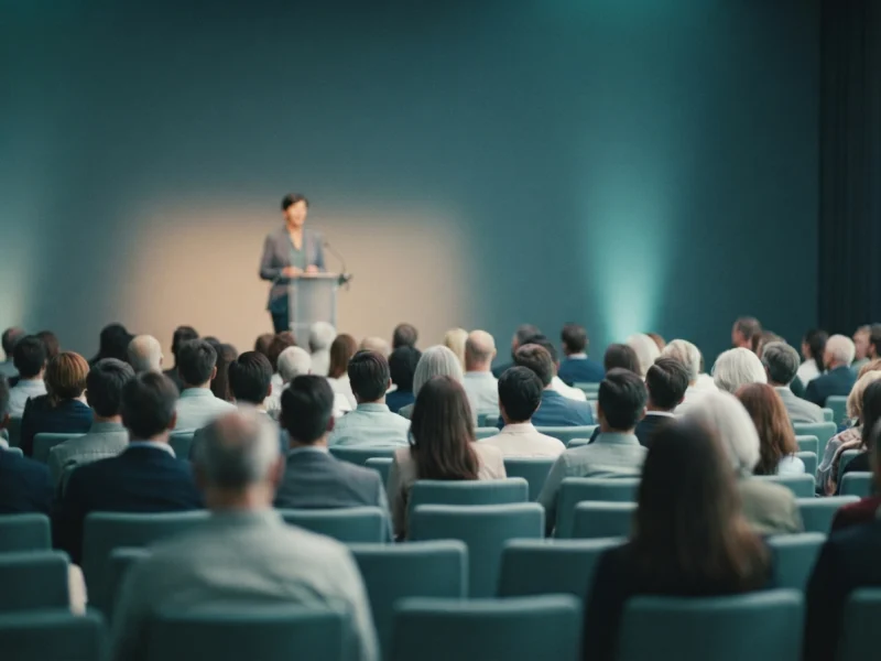 A conference audience faces a speaker on a softly lit stage.
