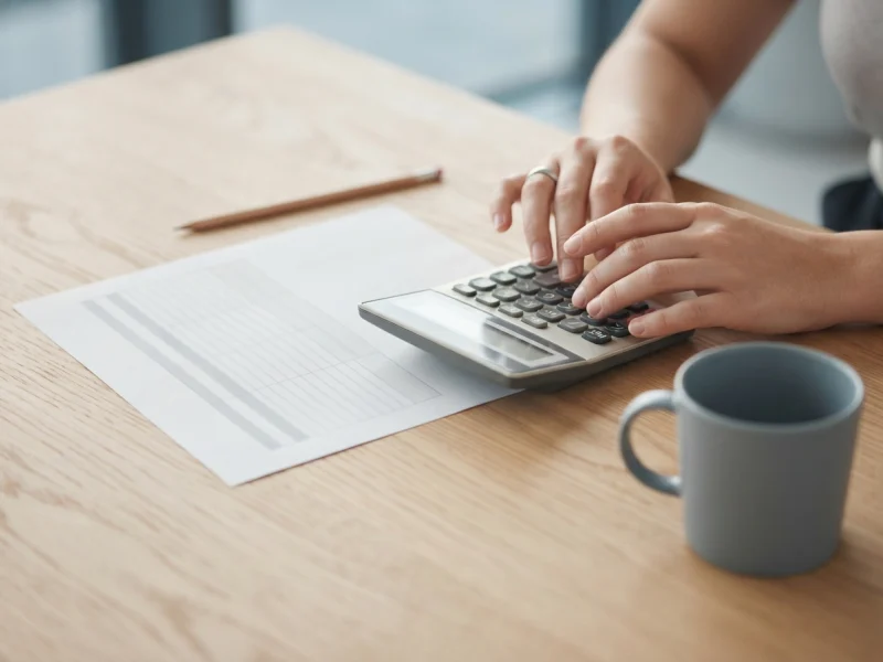 Hands use a calculator beside a printed fee sheet on a desk.