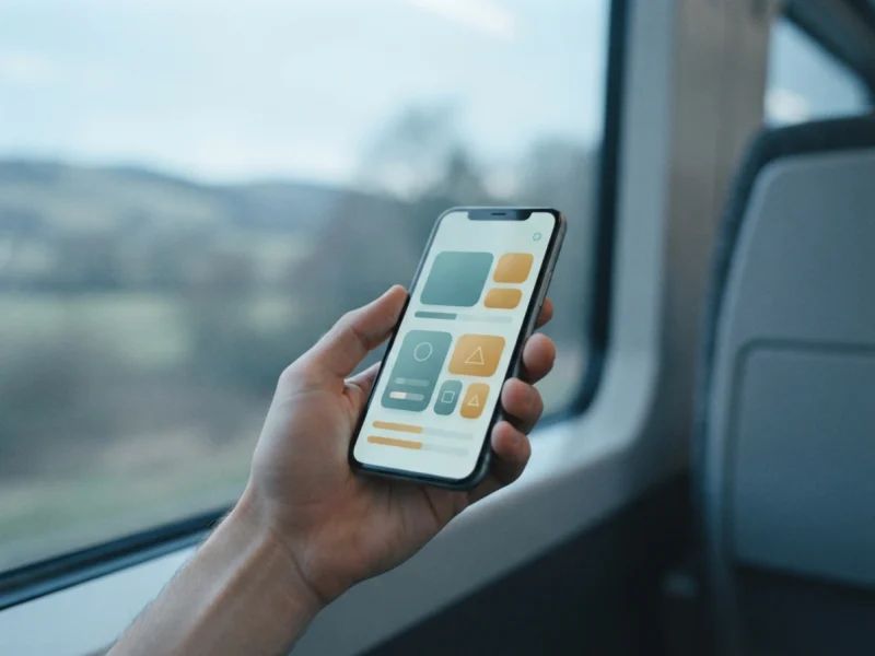 A hand holds a phone showing a course screen, with a train window behind.