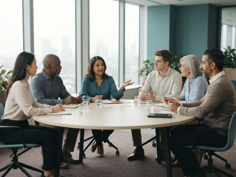 Six people talk around a meeting table in a bright room.