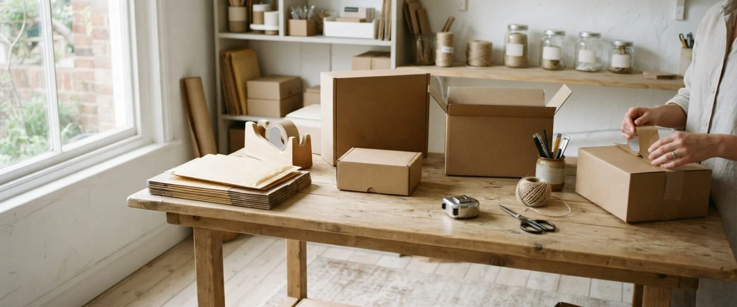 A tidy packing bench with brown cartons, paper tape and mailers ready to send
