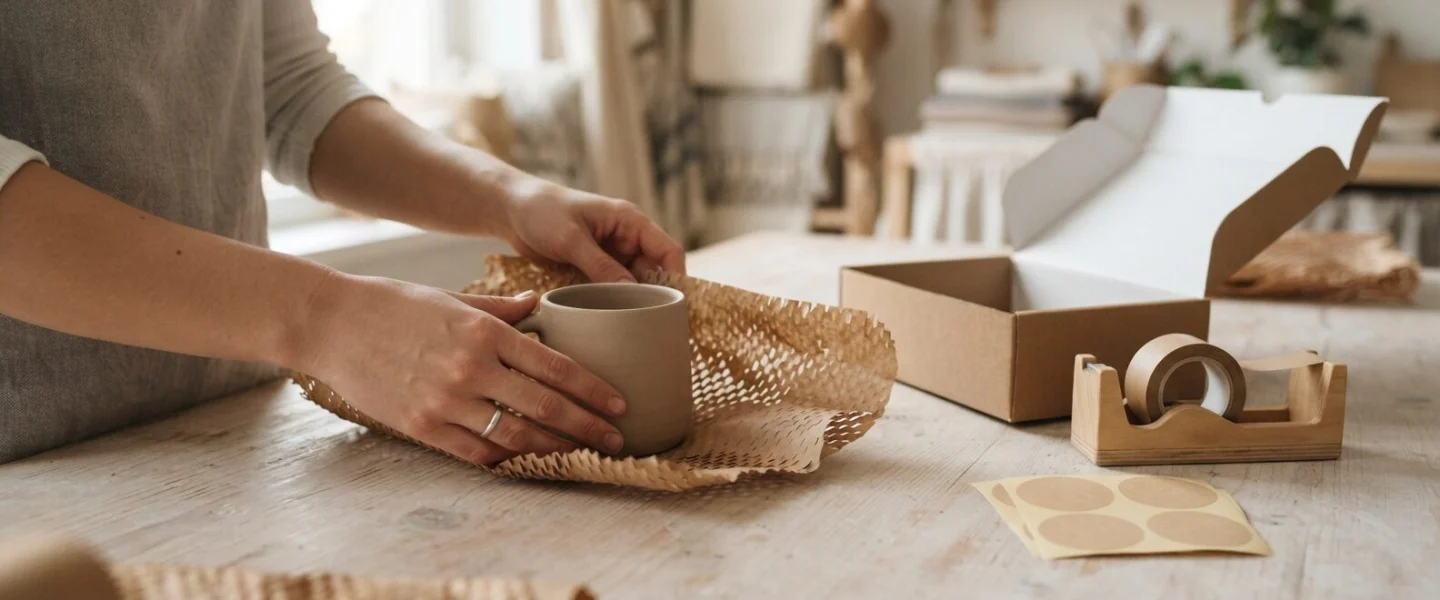 A ceramic mug being wrapped in honeycomb kraft paper beside an open mailer box