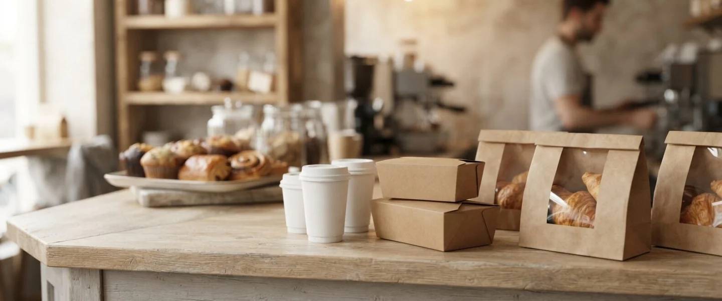 A café counter with paper coffee cups, kraft food boxes and bakery bags with pastries