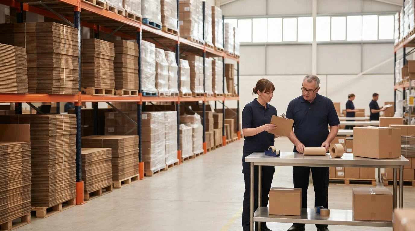 An orderly packaging warehouse with racks of flat-packed cartons, where two members of staff check an order together at a packing bench
