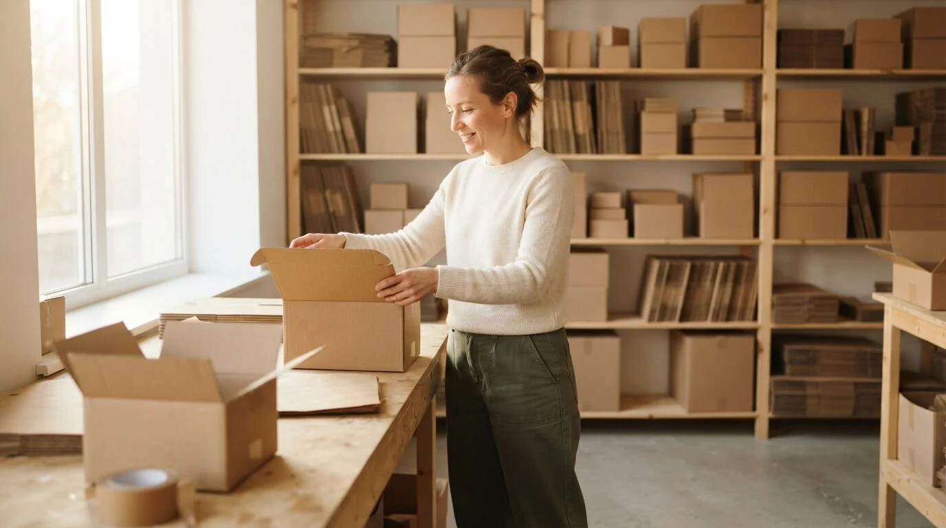 A shop owner unpacking brown cartons of stock onto the shelves of a small stockroom