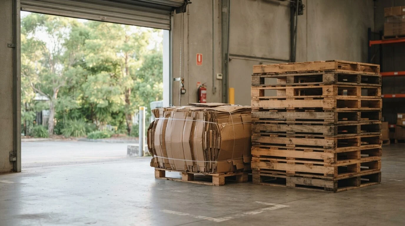 A stack of flattened cardboard bundled with paper string beside a wooden pallet