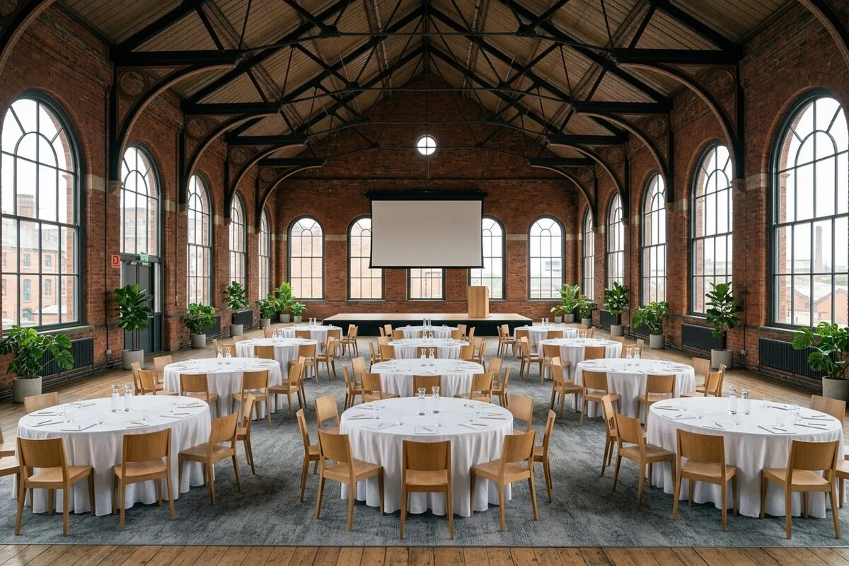 The main hall at The Assembly Rooms, set with round tables