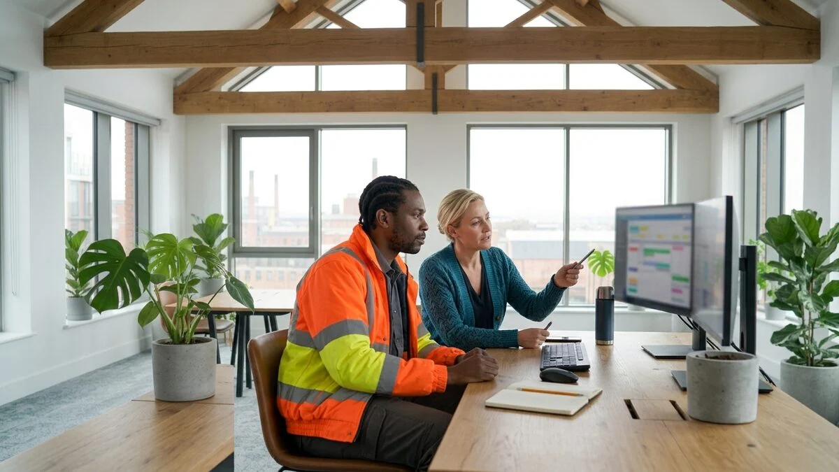 A field engineer and a scheduler planning the day's jobs together