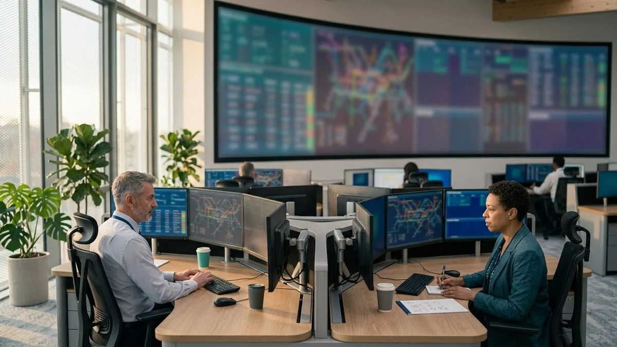 Operators at their desks in a rail control centre