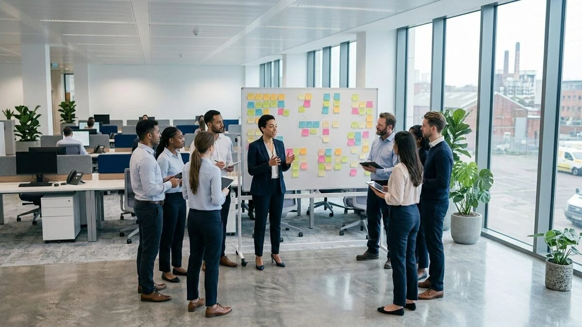 A bank operations team holding a morning huddle at a planning board