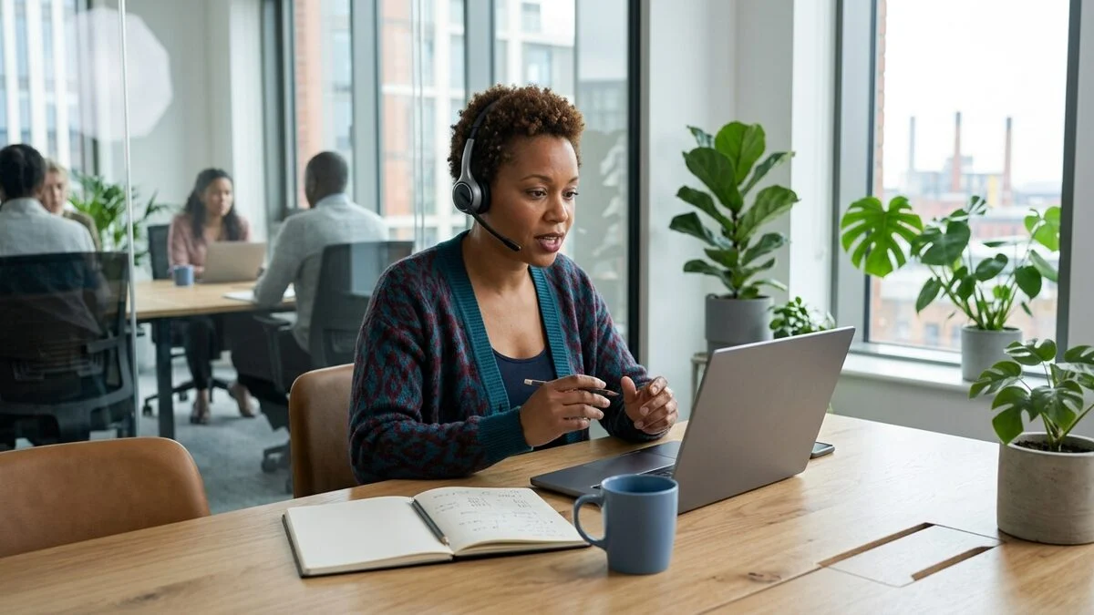 A team leader coaching a colleague over a video call