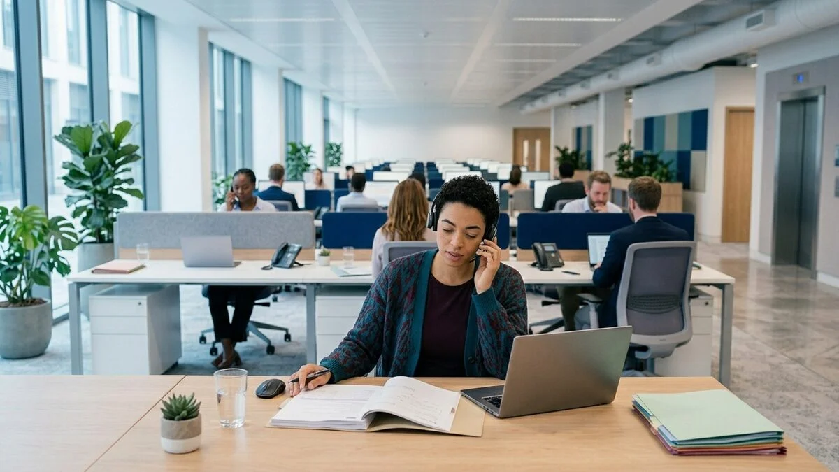A claims handler on a call at her desk in an open-plan office