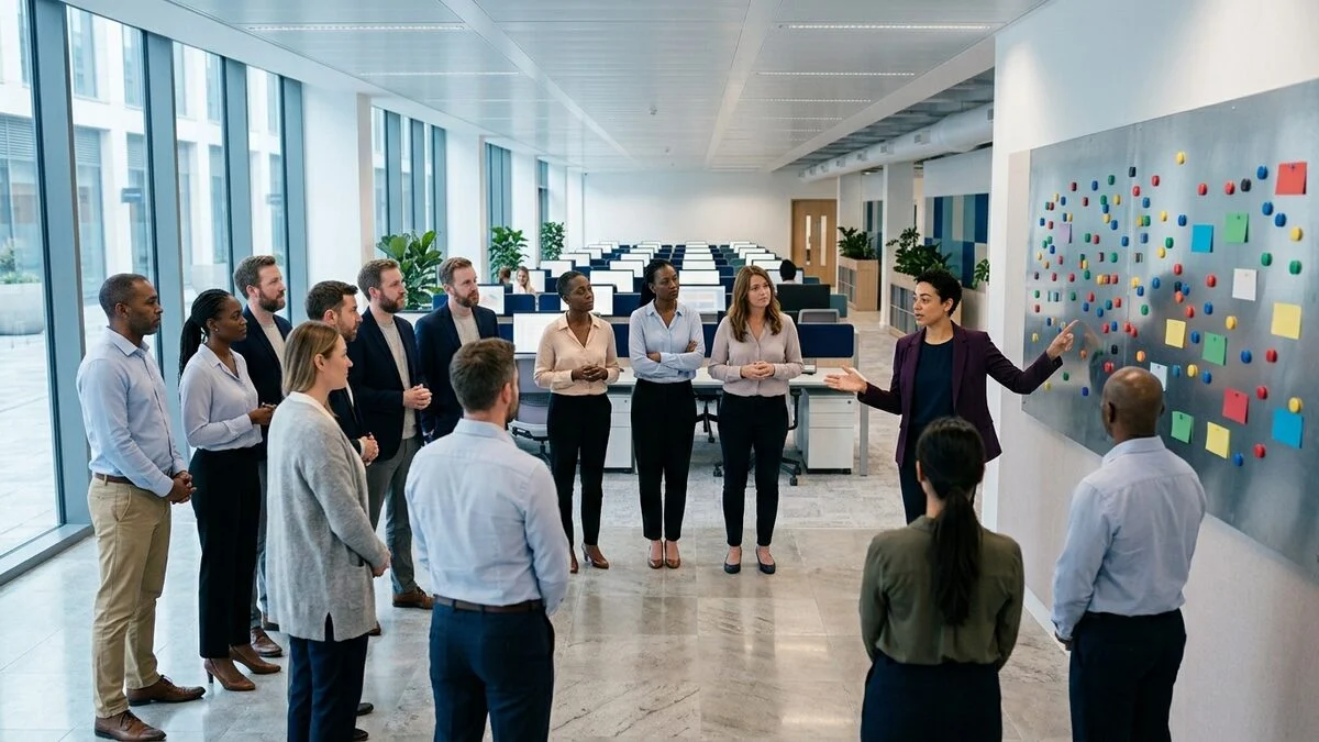 Forum members listening to a host beside a team performance board
