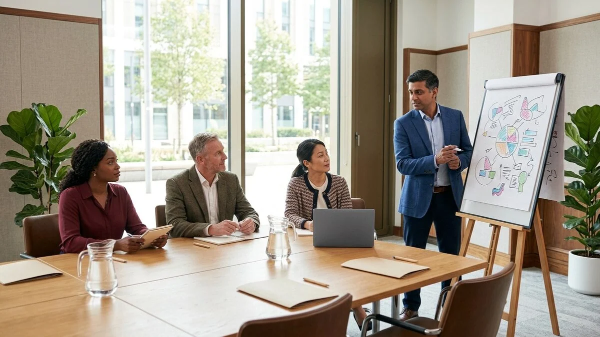 Public-sector managers working through an exercise around a workshop table