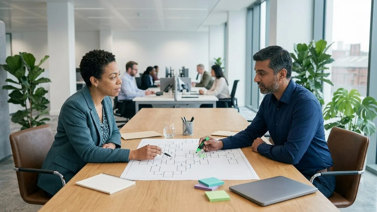 Two managers reviewing a printed process map at a meeting table