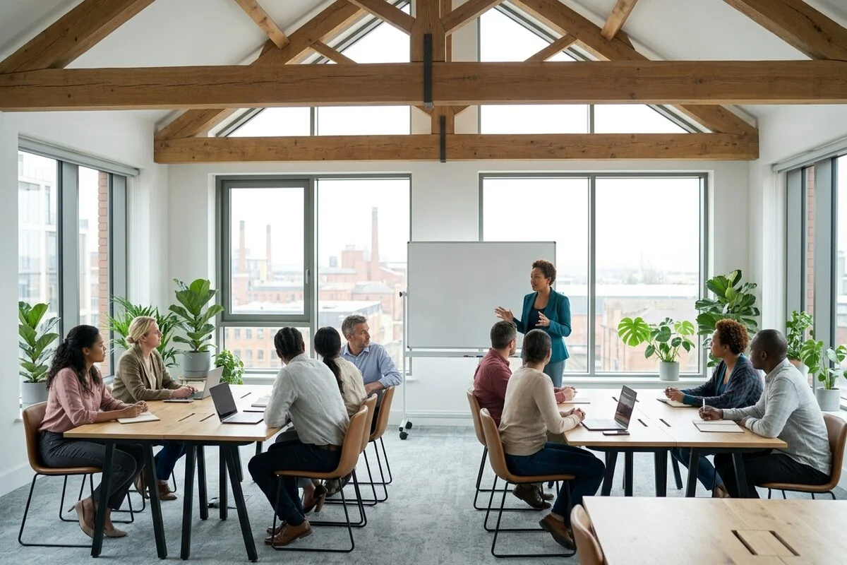 A trainer leading a session for a small group of delegates