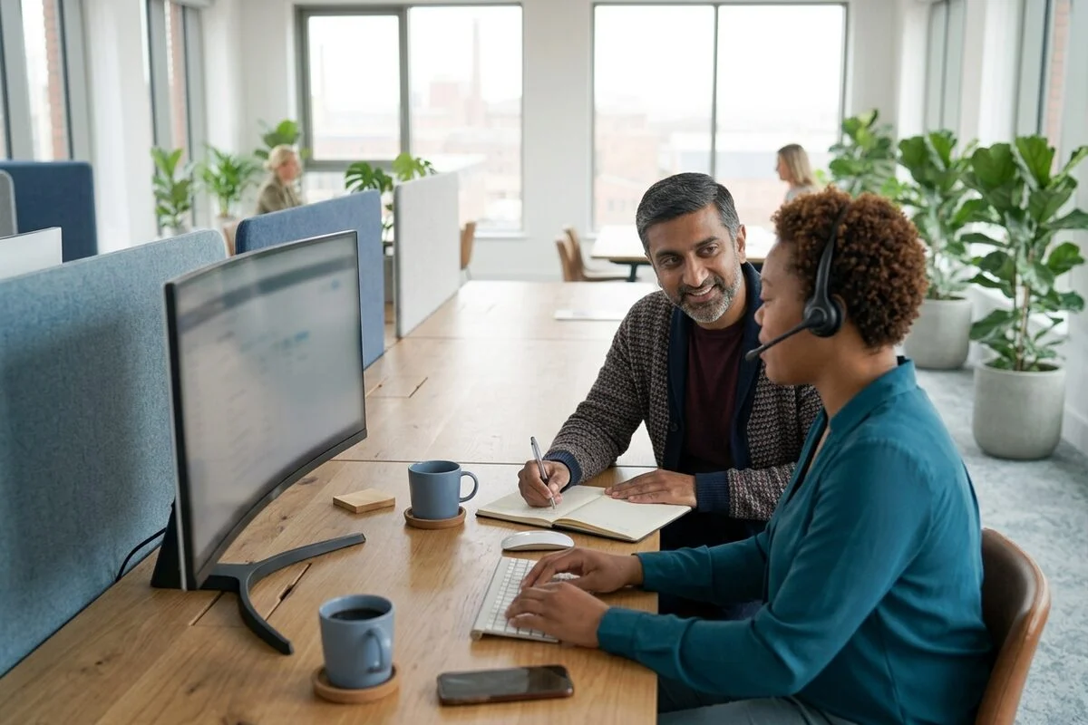 A team leader coaching a colleague at her desk