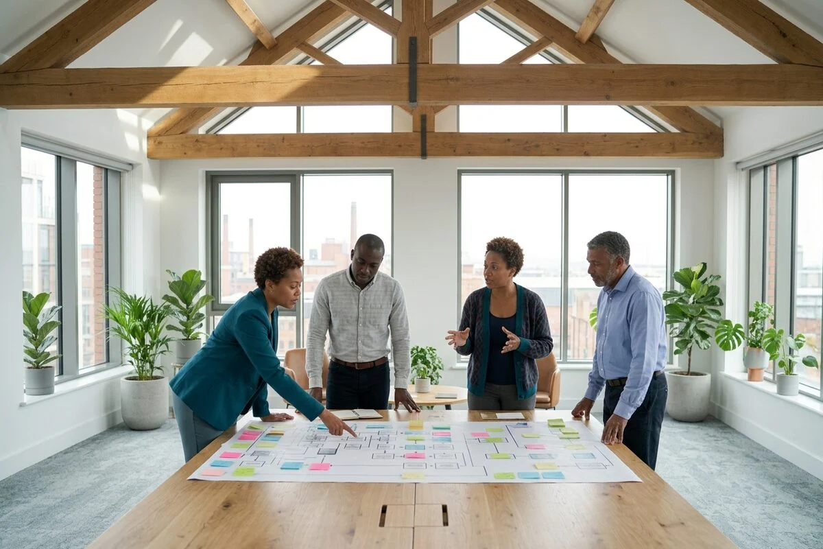 Course delegates mapping a process together with sticky notes