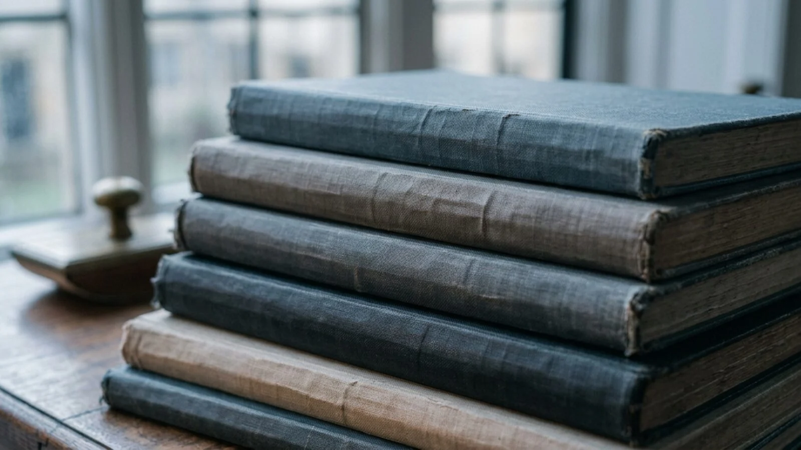 A stack of bound ledgers on a wooden desk