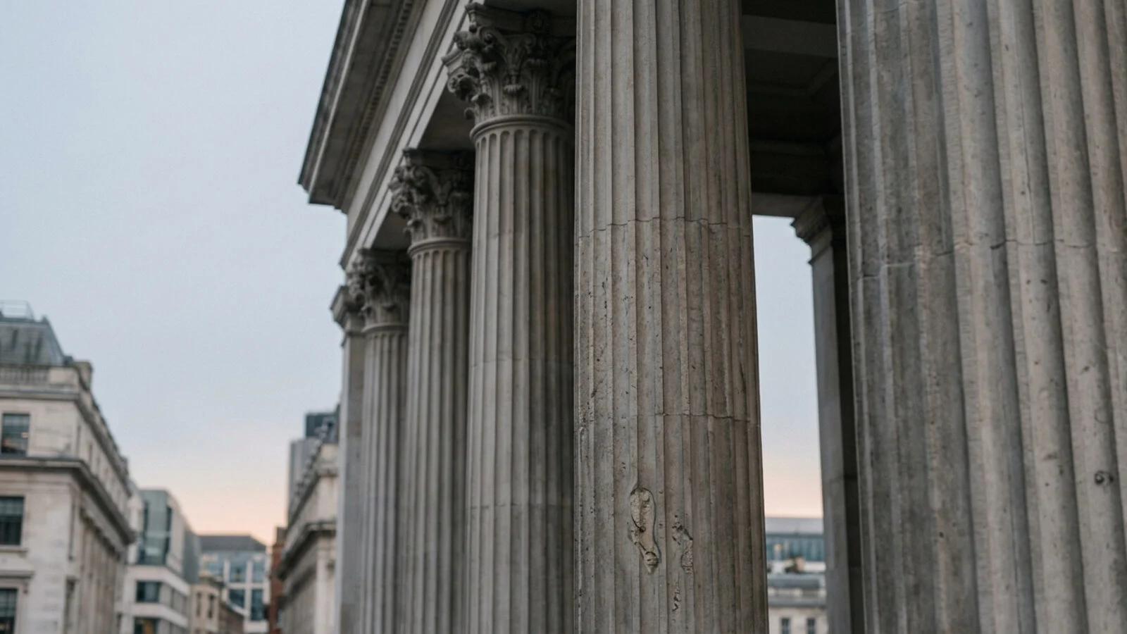 Stone columns of a classical building in the City of London