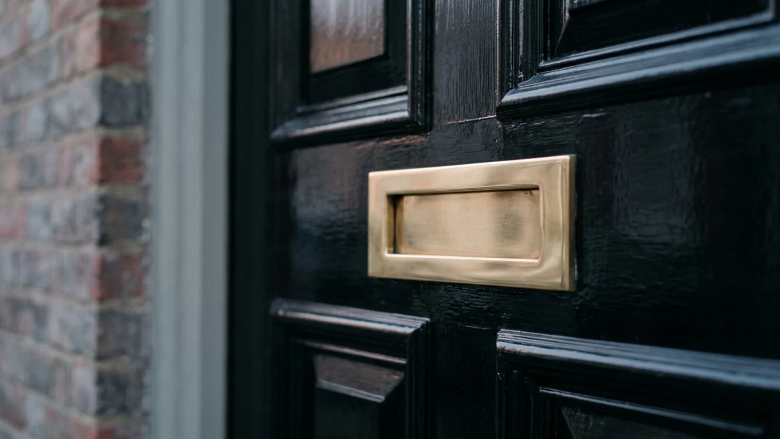 A brass letterbox in a black Georgian front door