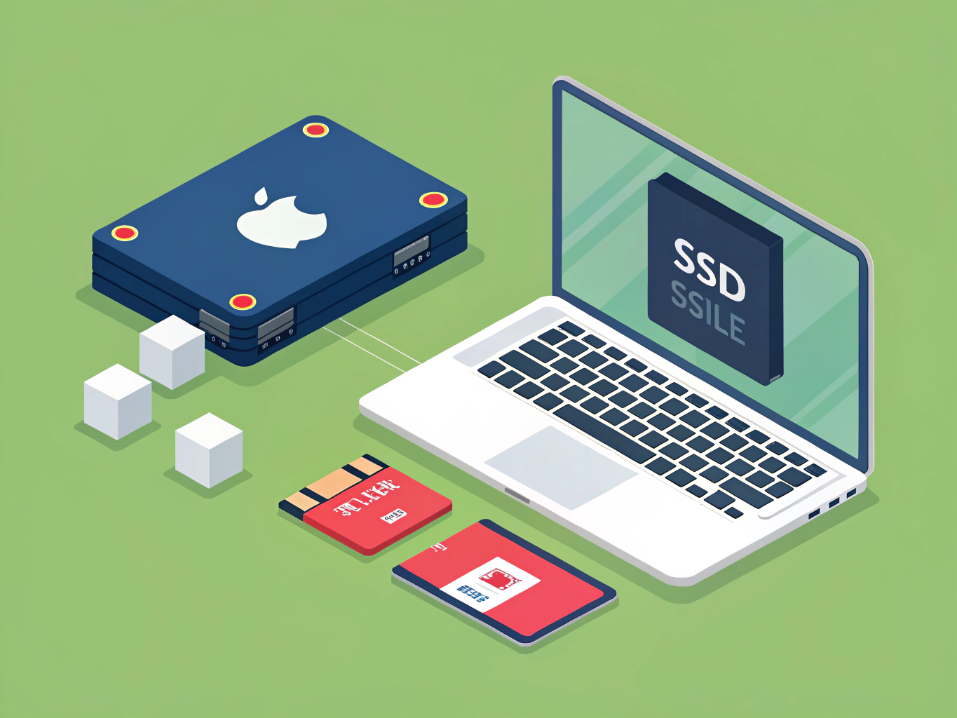 Flat isometric illustration showing a MacBook Pro with M-series chip (recognizable by Apple Silicon badge) with a transluc...