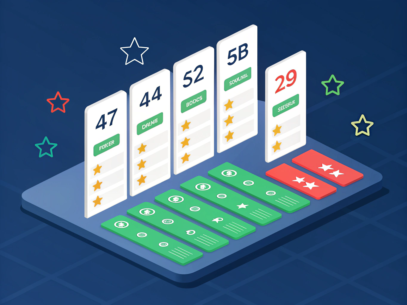 Flat isometric illustration of a pricing comparison table rendered in 3D. Seven columns representing each tool with price ...