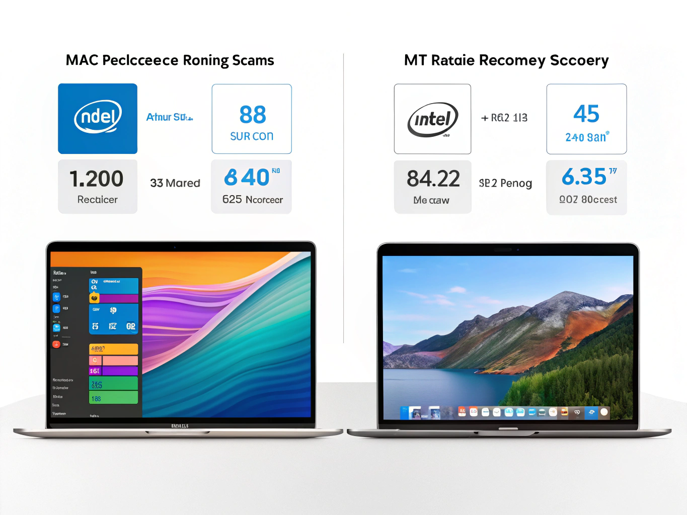 Side-by-side comparison showing Intel Mac and M1 MacBook running recovery scans with performance metrics overlay related t...