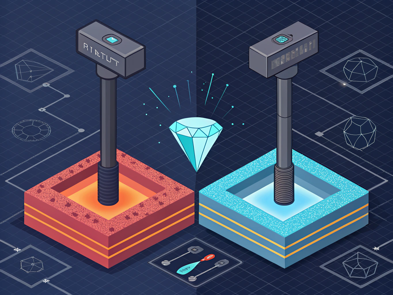 Flat isometric illustration showing a comparison between diamond and netherite tools side-by-side. The netherite tools hav...