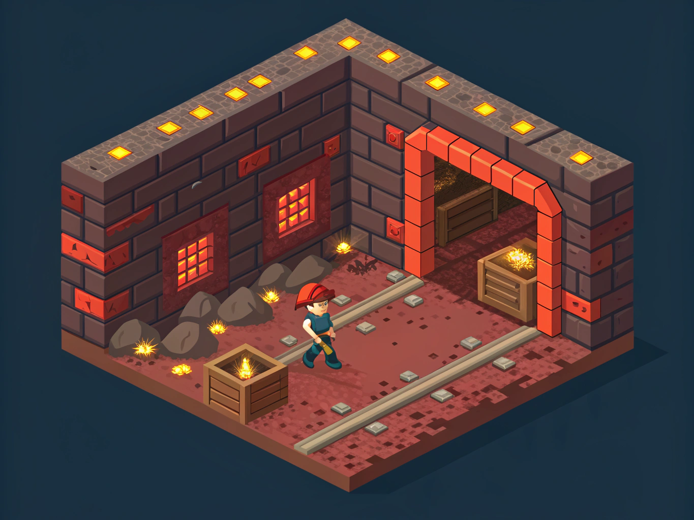 Flat isometric illustration of a Nether mining tunnel at Y-level 15. Shows a cross-section view with dark red netherrack b...