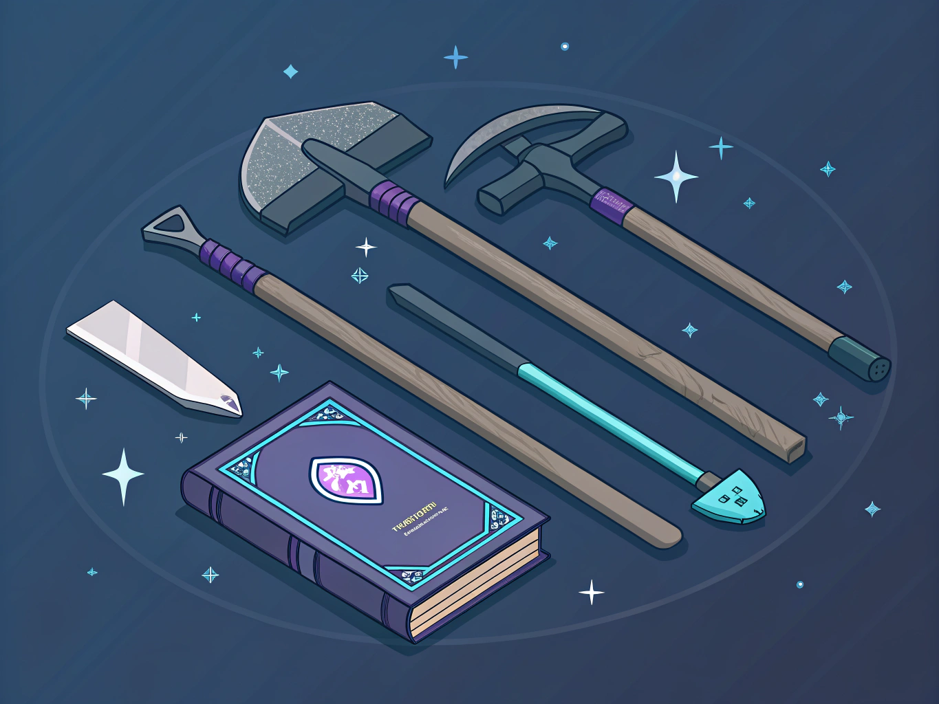 Flat isometric illustration showing a complete netherite tool set arranged in a display: pickaxe, sword, axe, shovel, and ...