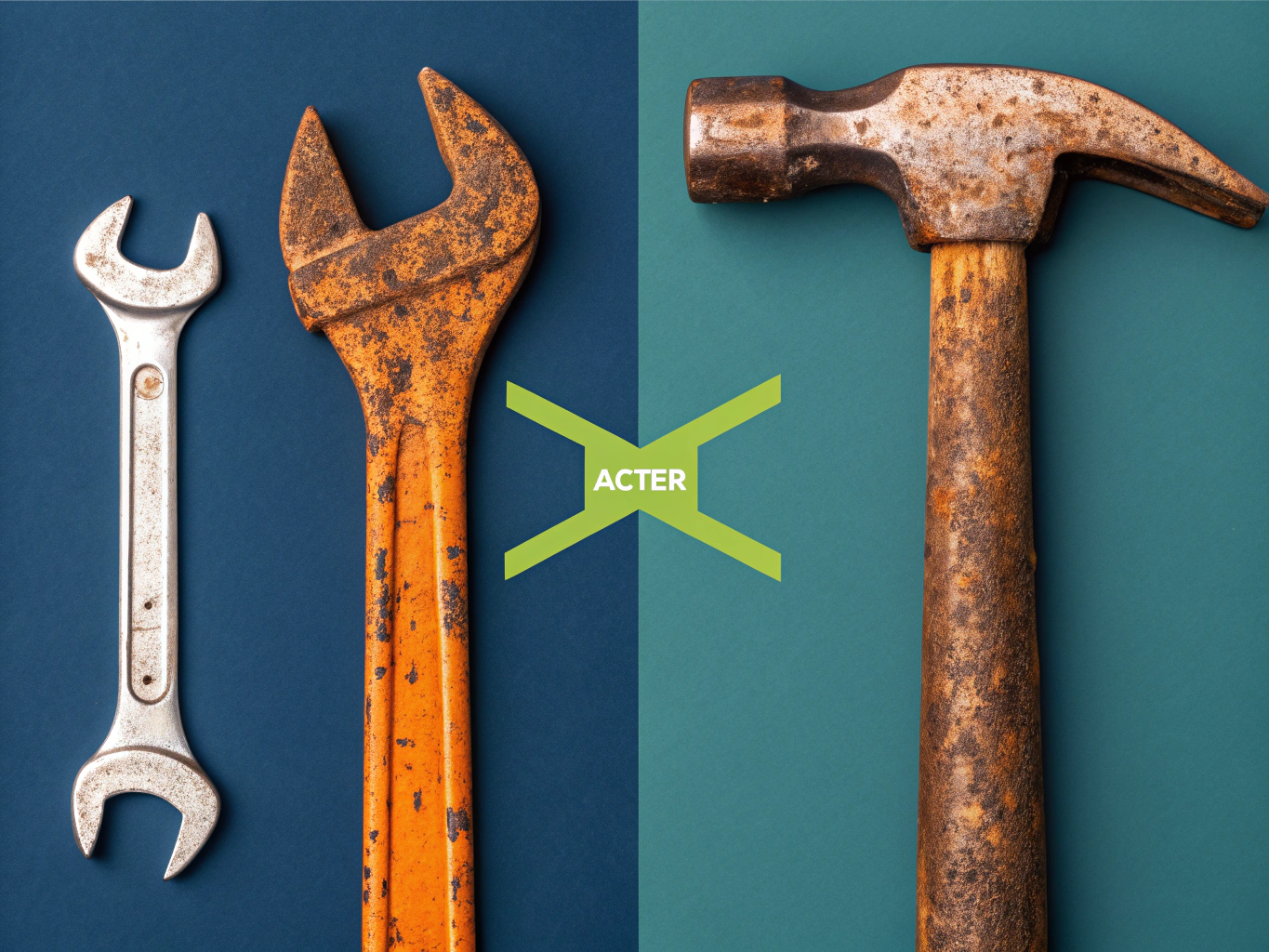 Split-screen isometric illustration showing the contrast between rusty, neglected tools on the left (orange-brown rust tex...