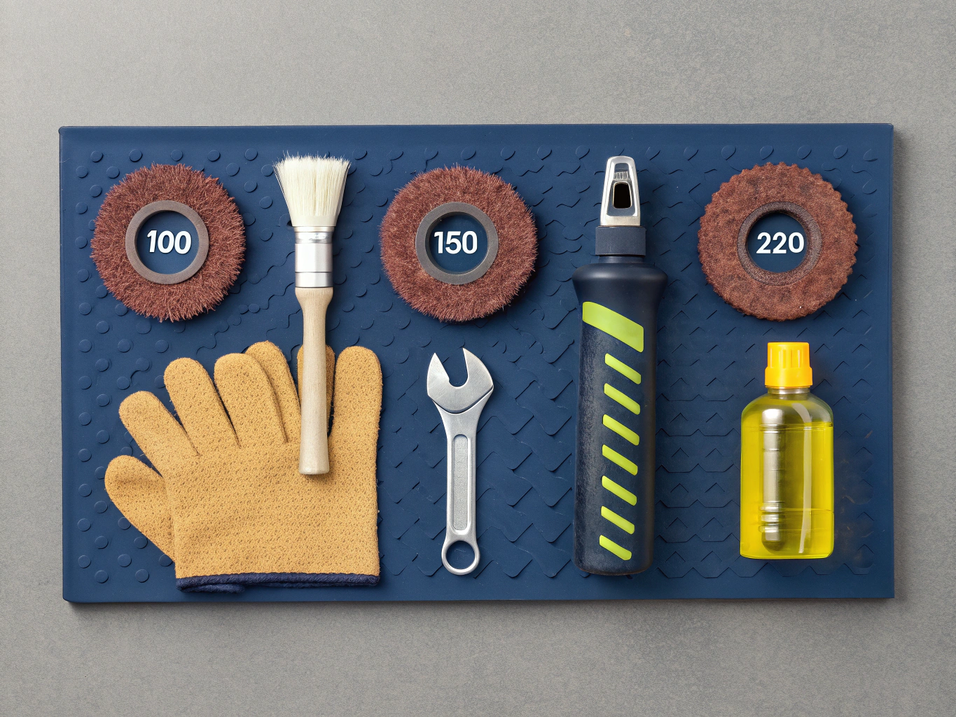 Flat lay isometric illustration showing rust removal tools arranged on a navy blue (#1a2744) work surface: various grits o...