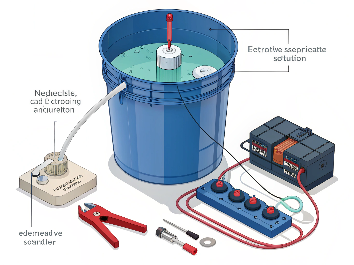 Isometric cutaway diagram showing electrolysis rust removal setup in a transparent plastic bucket. Navy blue (#1a2744) buc...