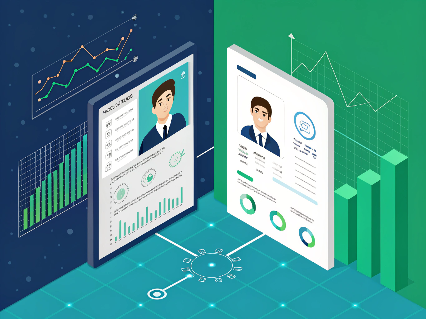 Flat isometric illustration showing a 3D LinkedIn profile interface with AI elements (neural network patterns, glowing nod...