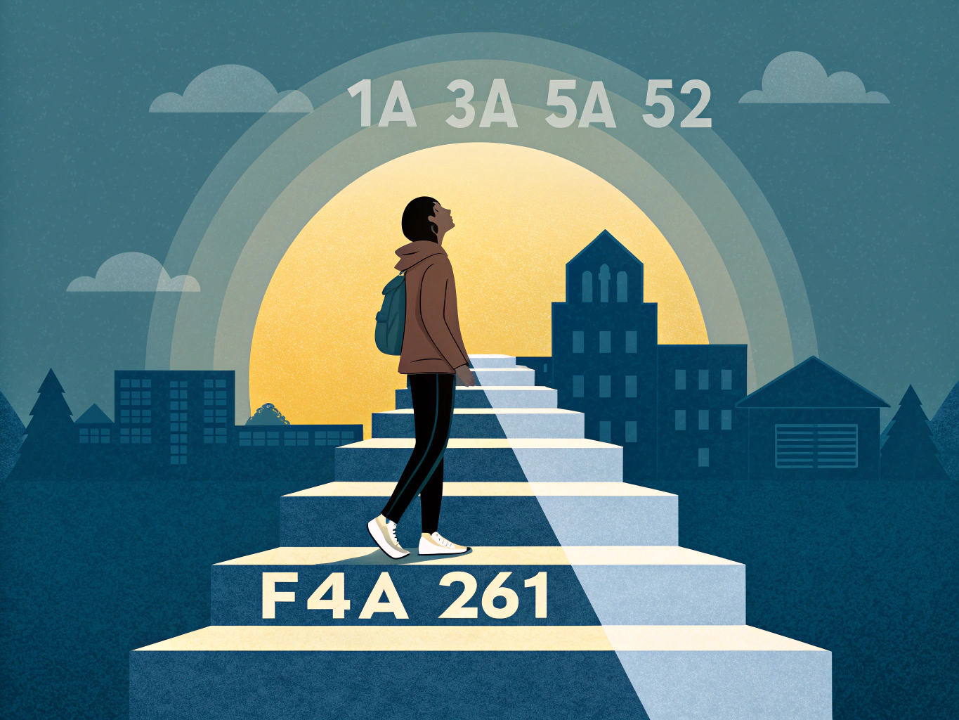 EDITORIAL ILLUSTRATION: En ung person står vid starten av en stigande väg som formas av geometriska bokstäver och siffror,...