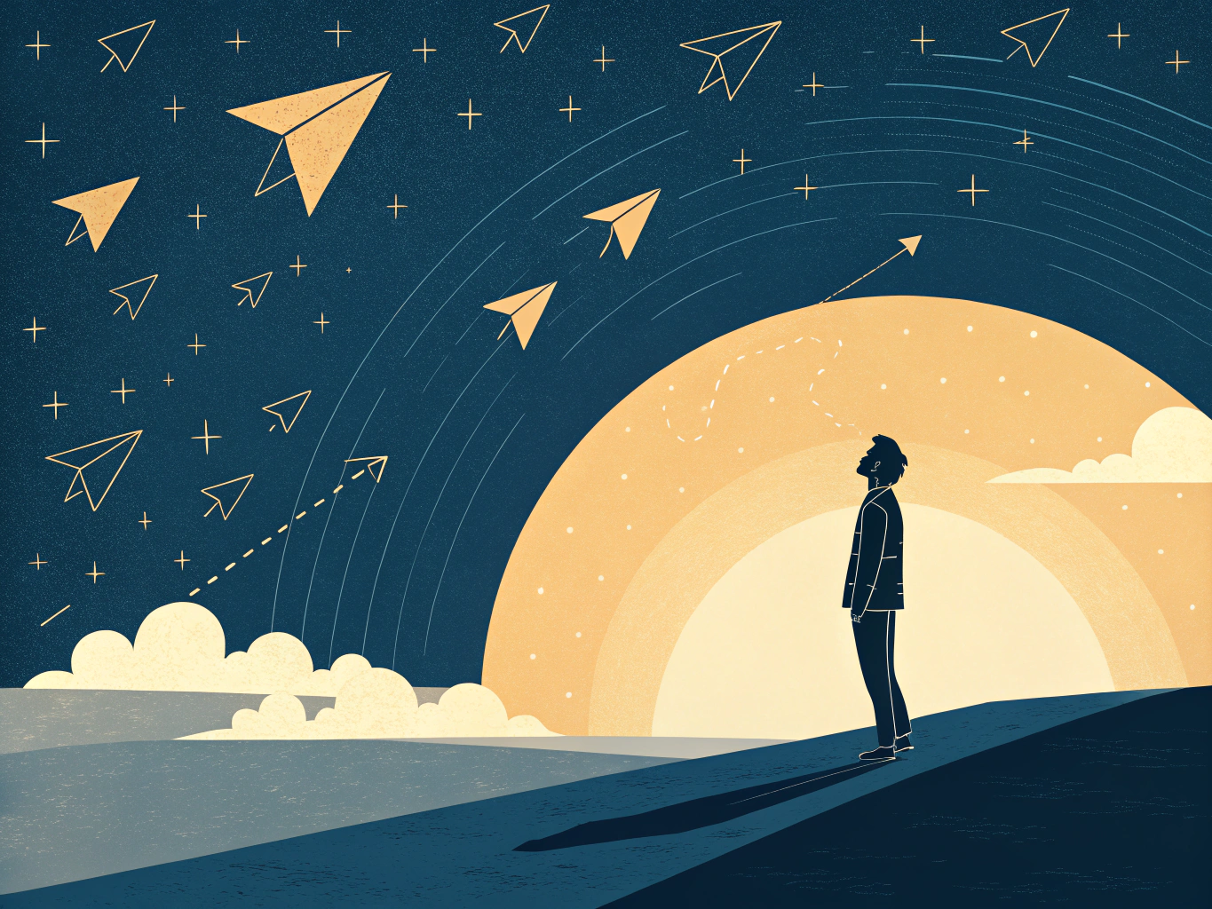 EDITORIAL ILLUSTRATION: A lone figure standing at the edge of a vast horizon where abstract geometric shapes representing ...