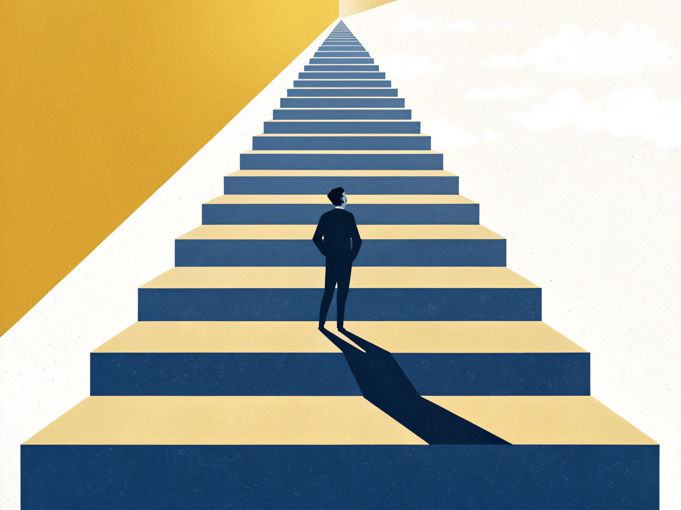 EDITORIAL ILLUSTRATION: A winding upward path composed of ascending geometric platforms, each platform slightly higher tha...