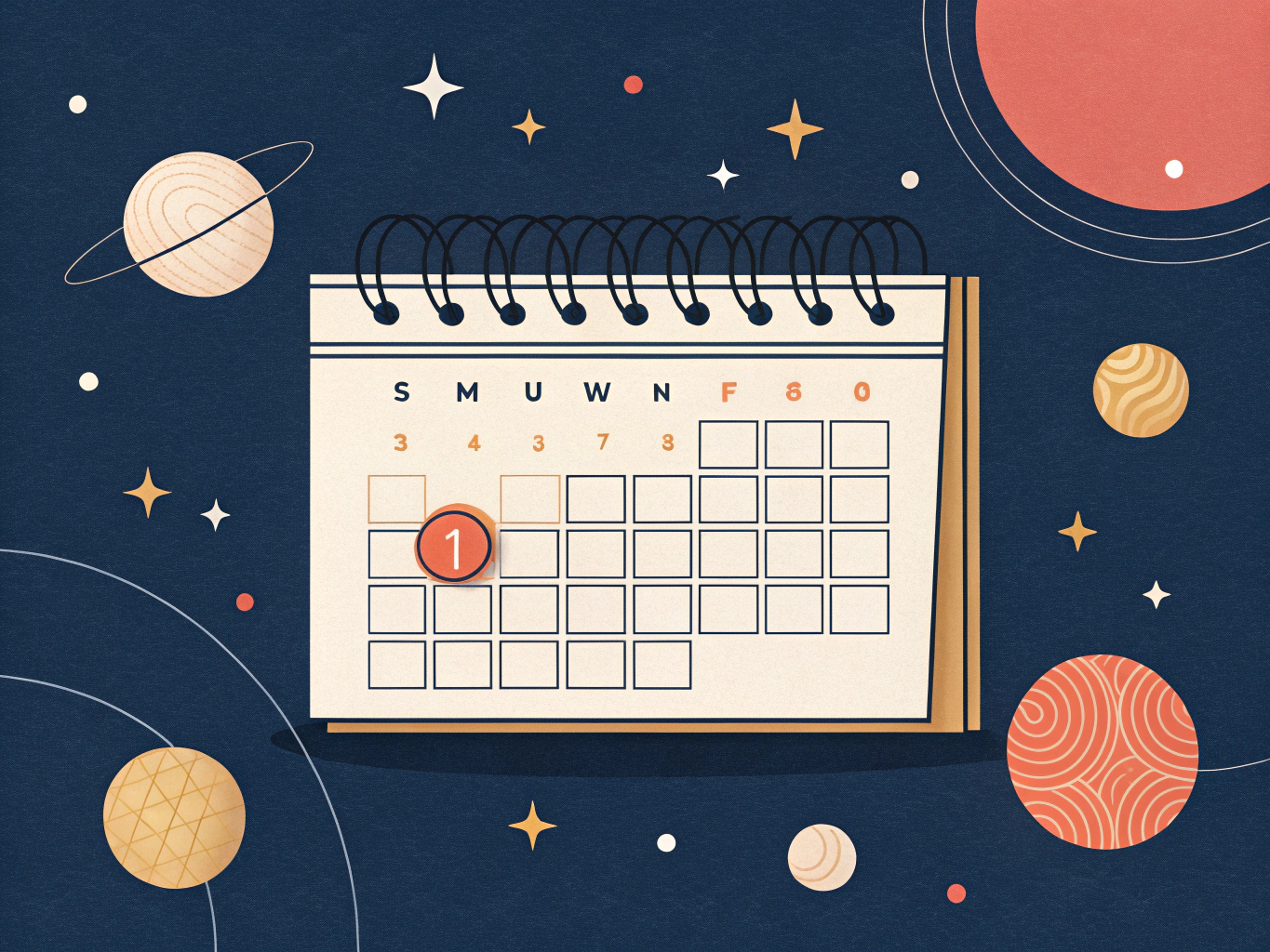 EDITORIAL ILLUSTRATION: A minimalist calendar page with a single glowing date circled in warm golden light, surrounded by ...