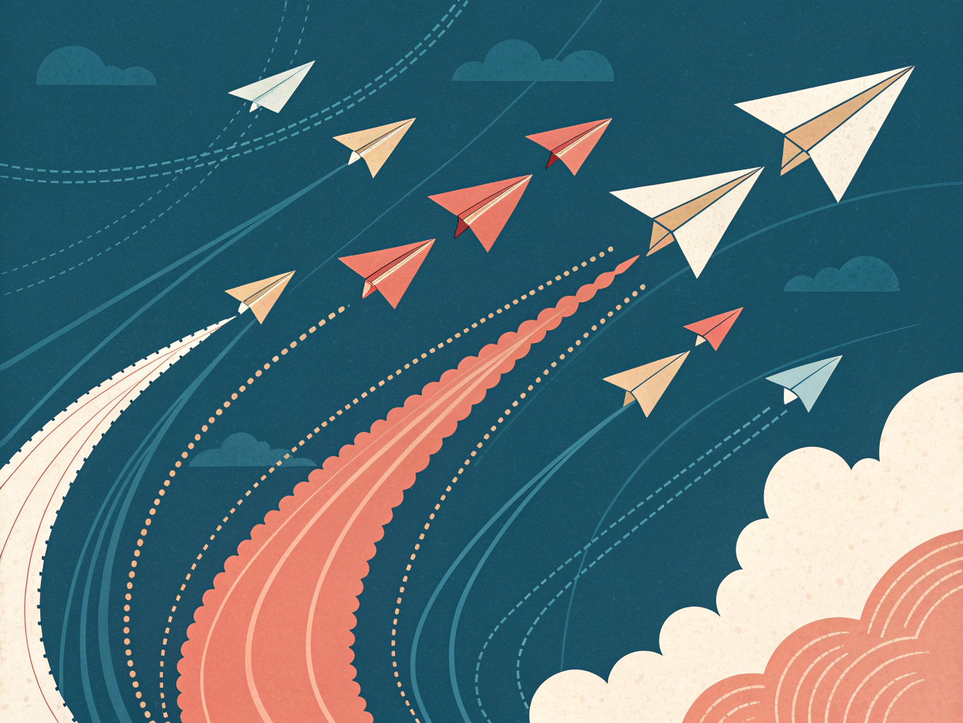 EDITORIAL ILLUSTRATION: Multiple translucent paper airplanes in flight, each one flying higher than the last in an upward ...